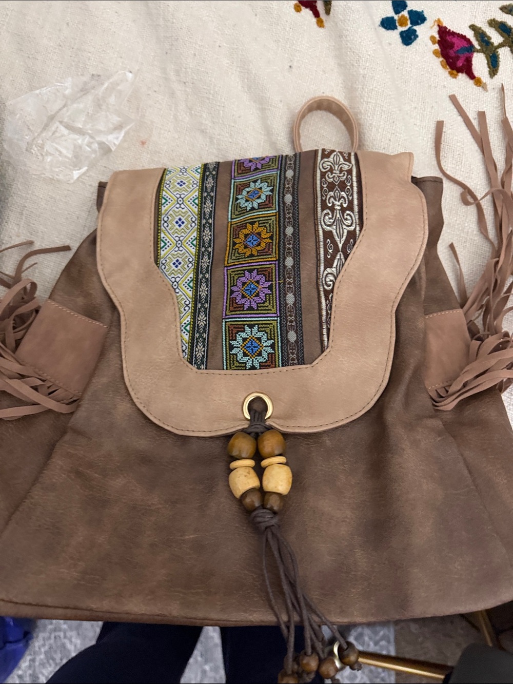 Boho Suede Fringe Backpack in Brown with Embroidered Accent